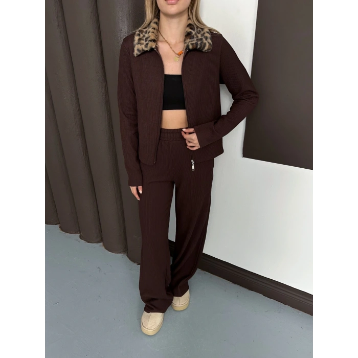 Yaka Leopar Peluş Detay Modal Takım Kahve