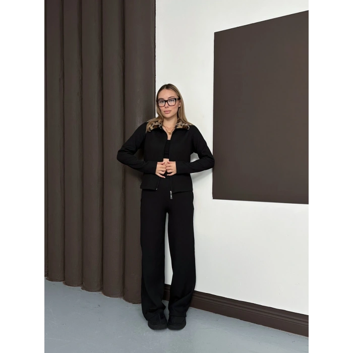 Yaka Leopar Peluş Detay Modal Takım Siyah