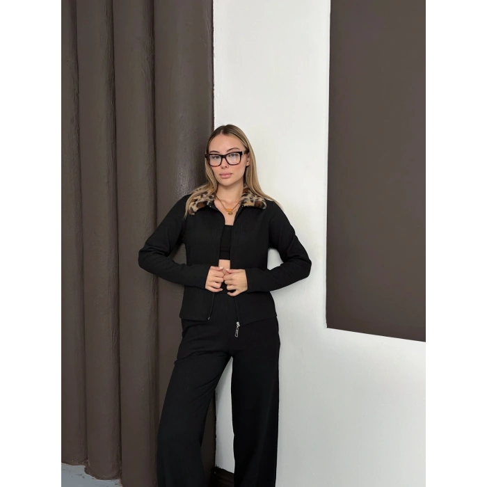 Yaka Leopar Peluş Detay Modal Takım Siyah