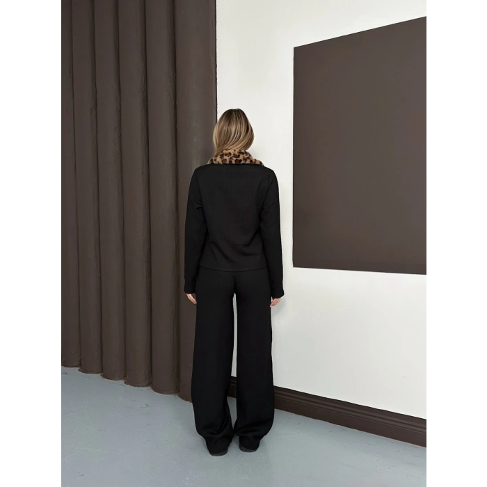 Yaka Leopar Peluş Detay Modal Takım Siyah