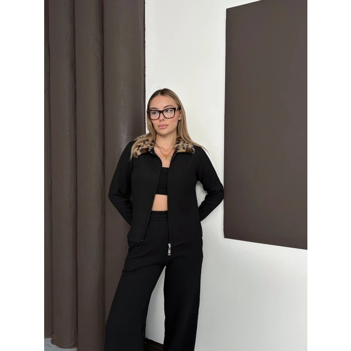 Yaka Leopar Peluş Detay Modal Takım Siyah