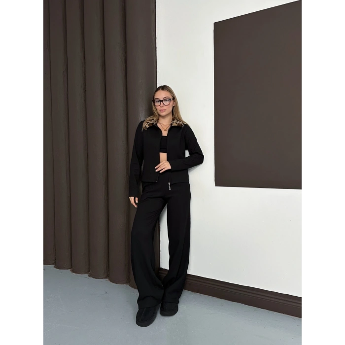 Yaka Leopar Peluş Detay Modal Takım Siyah