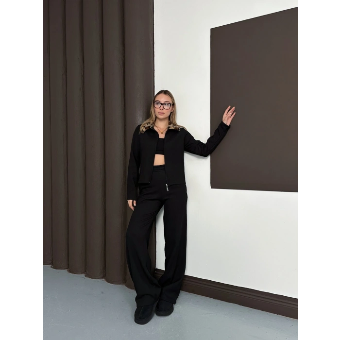 Yaka Leopar Peluş Detay Modal Takım Siyah