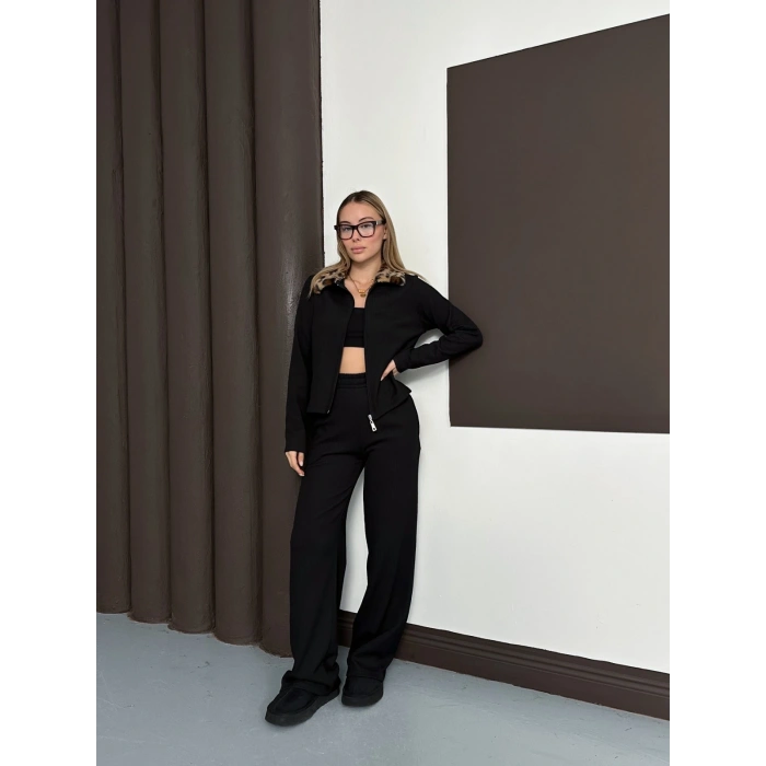 Yaka Leopar Peluş Detay Modal Takım Siyah