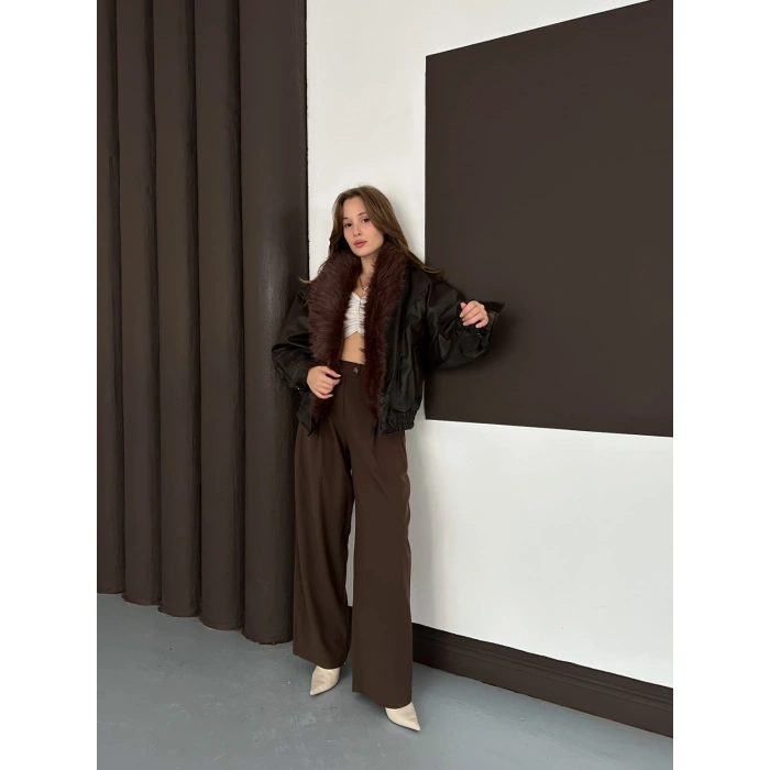 Yaka Peluş Detay Cepli Deri Ceket Acı Kahve