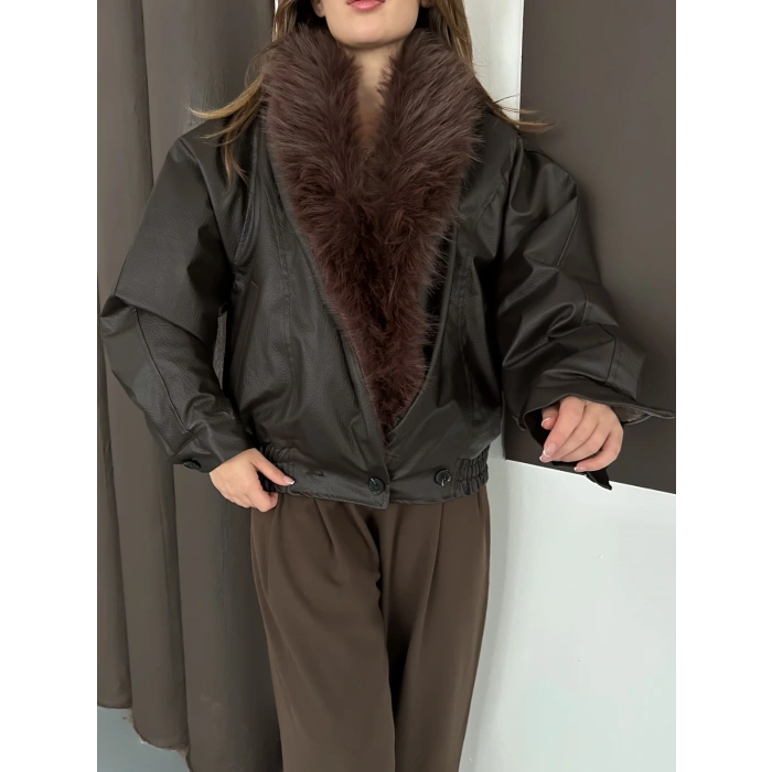 Yaka Peluş Detay Cepli Deri Ceket Acı Kahve