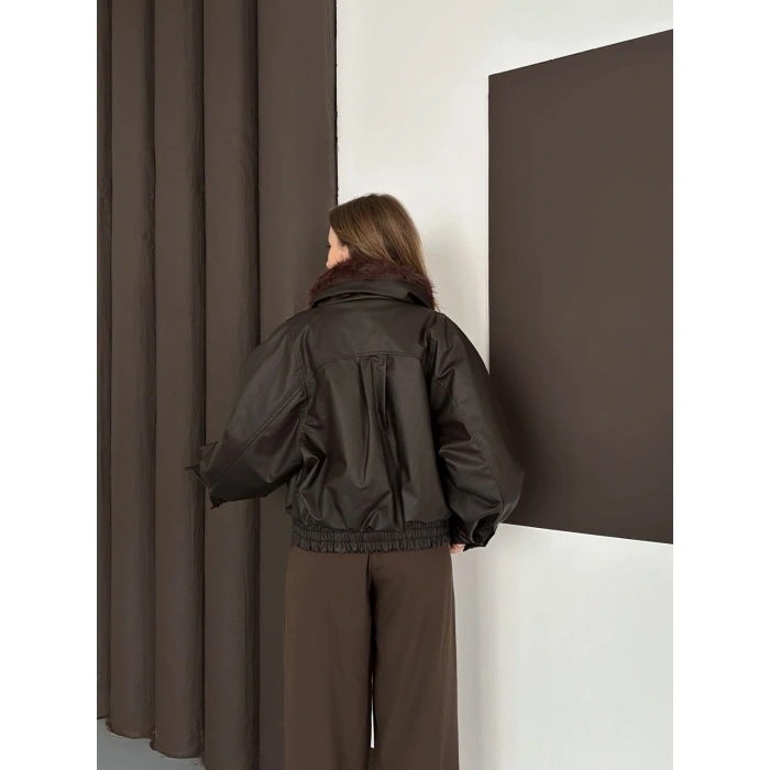 Yaka Peluş Detay Cepli Deri Ceket Acı Kahve