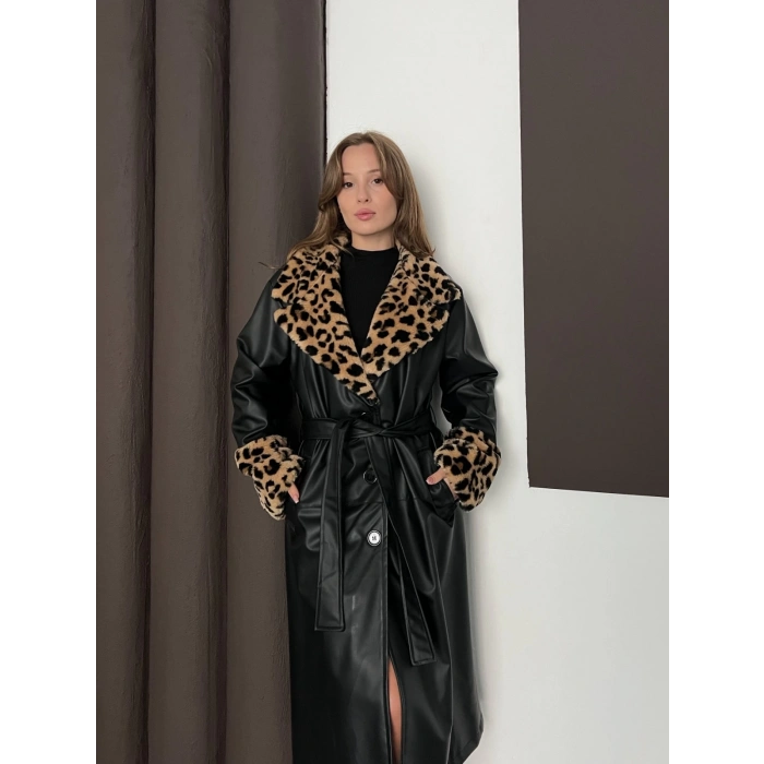 Yaka Peluş Detaylı Kuşaklı Deri Uzun Ceket Leopar