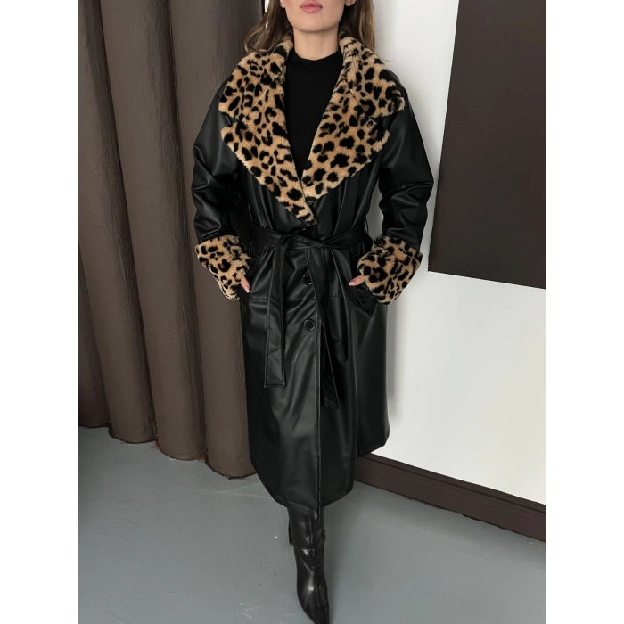 Yaka Peluş Detaylı Kuşaklı Deri Uzun Ceket Leopar