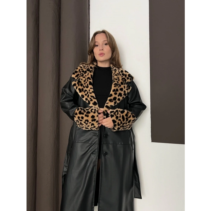 Yaka Peluş Detaylı Kuşaklı Deri Uzun Ceket Leopar