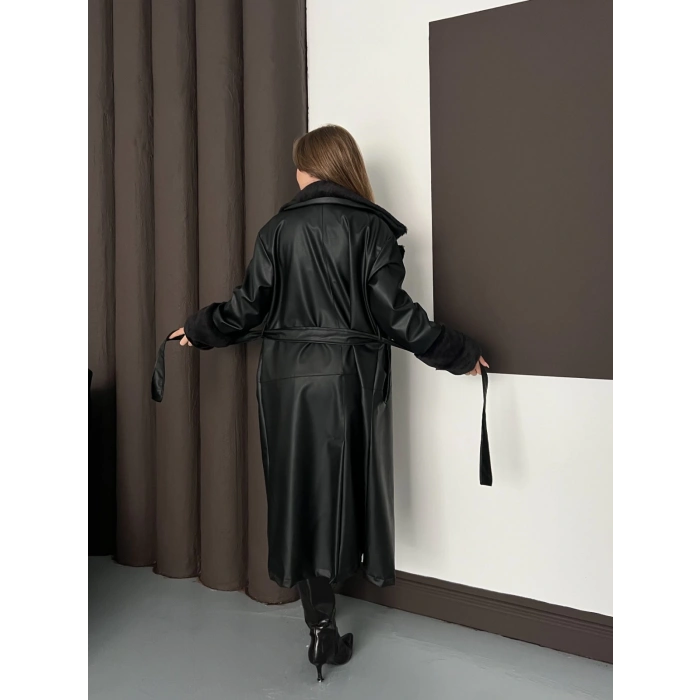 Yaka Peluş Detaylı Kuşaklı Deri Uzun Ceket Siyah