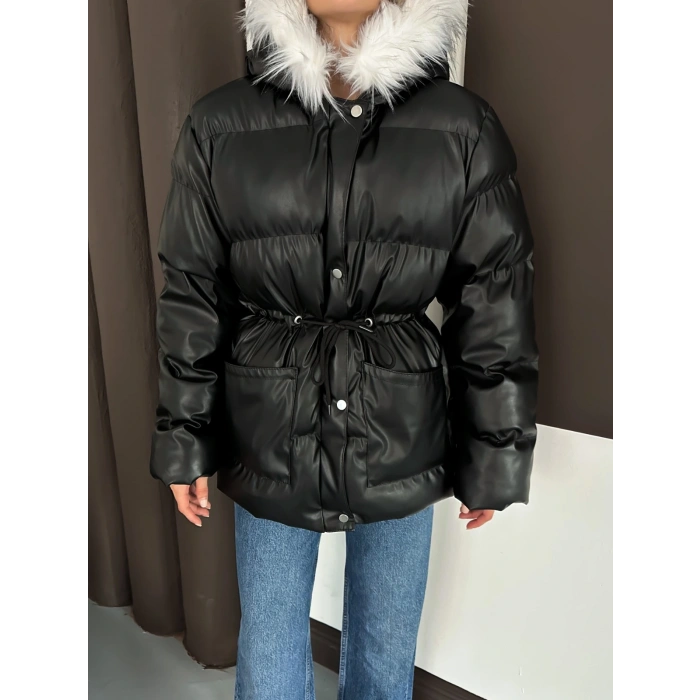 Yaka Peluş Kapüşonlu Şişme Mont Siyah