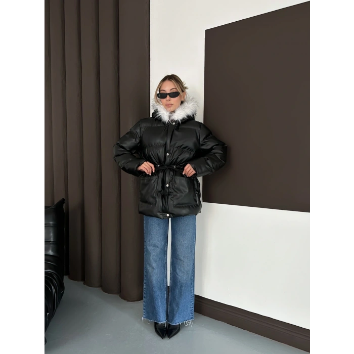 Yaka Peluş Kapüşonlu Şişme Mont Siyah