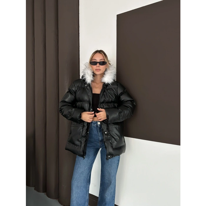 Yaka Peluş Kapüşonlu Şişme Mont Siyah