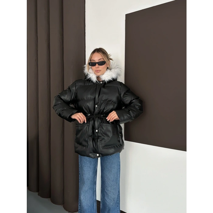 Yaka Peluş Kapüşonlu Şişme Mont Siyah