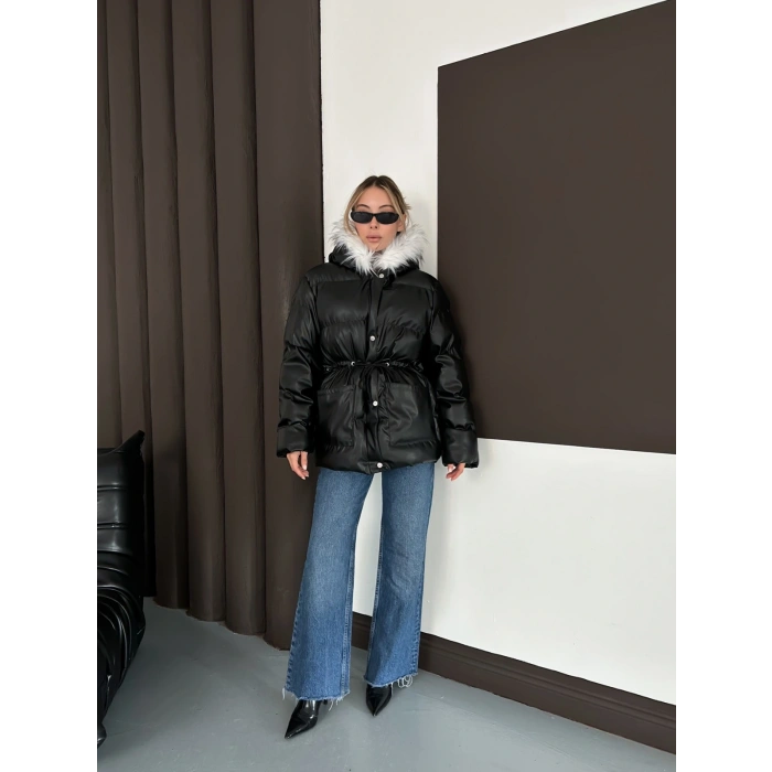 Yaka Peluş Kapüşonlu Şişme Mont Siyah