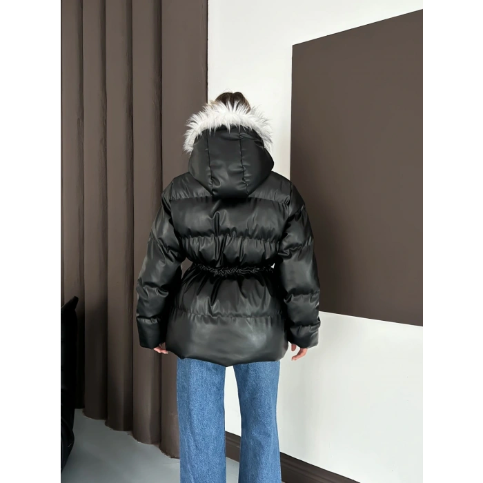 Yaka Peluş Kapüşonlu Şişme Mont Siyah