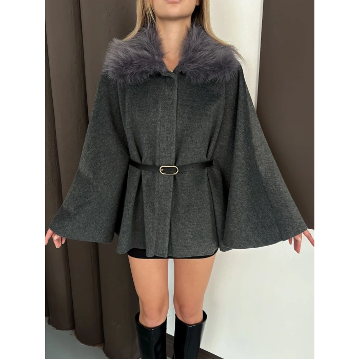 Yaka Peluş Kemerli Panço Antrasit