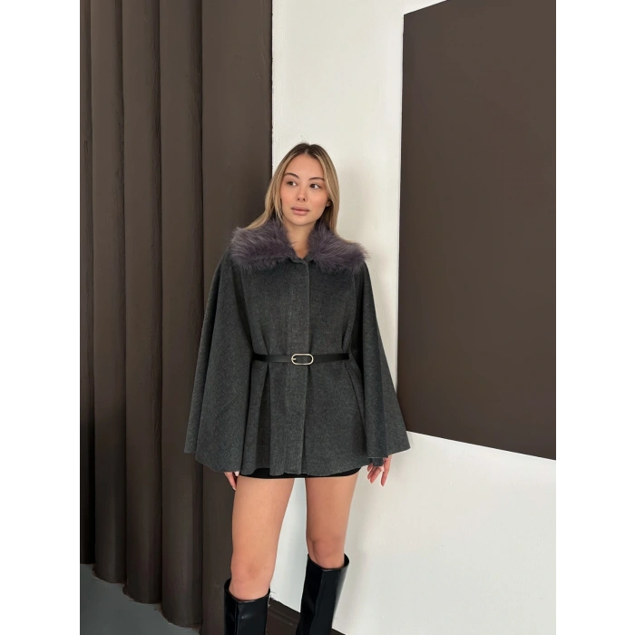 Yaka Peluş Kemerli Panço Antrasit