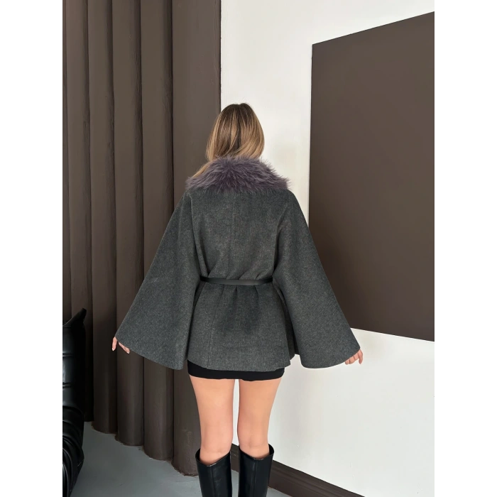Yaka Peluş Kemerli Panço Antrasit