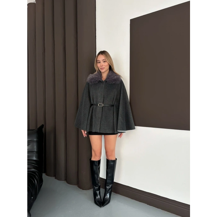 Yaka Peluş Kemerli Panço Antrasit