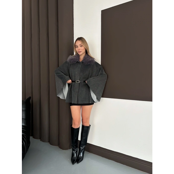 Yaka Peluş Kemerli Panço Antrasit