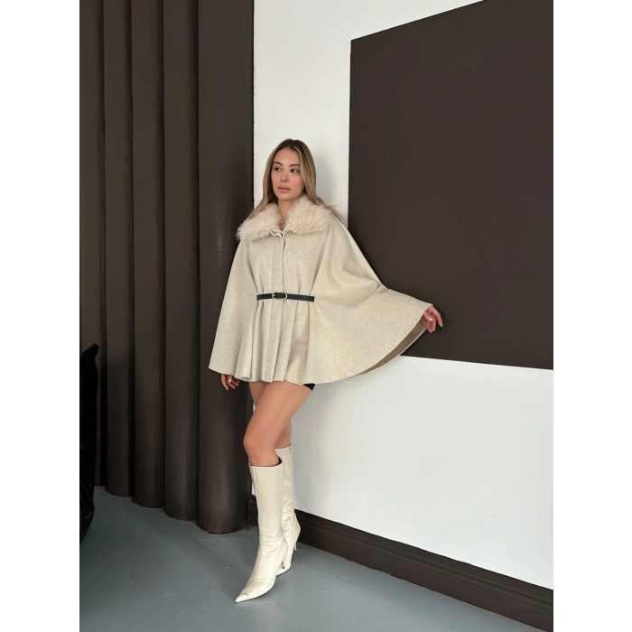 Yaka Peluş Kemerli Panço Bej