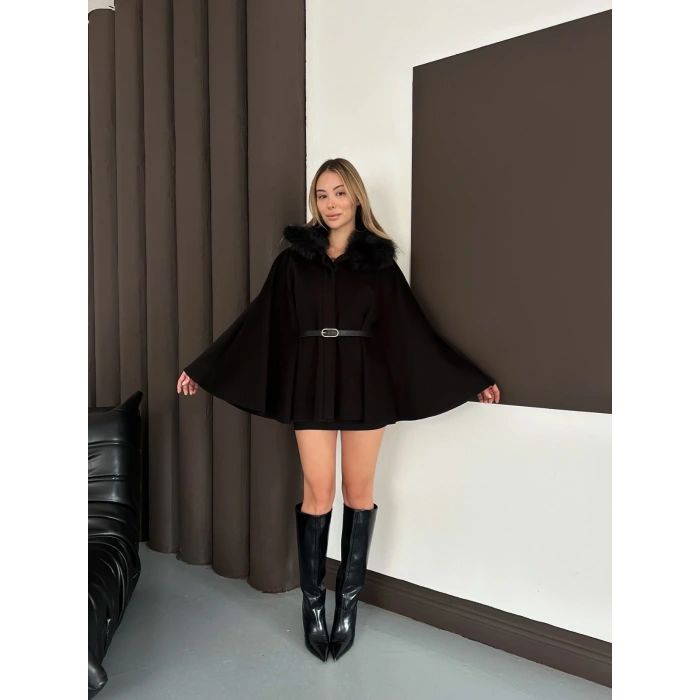 Yaka Peluş Kemerli Panço Siyah
