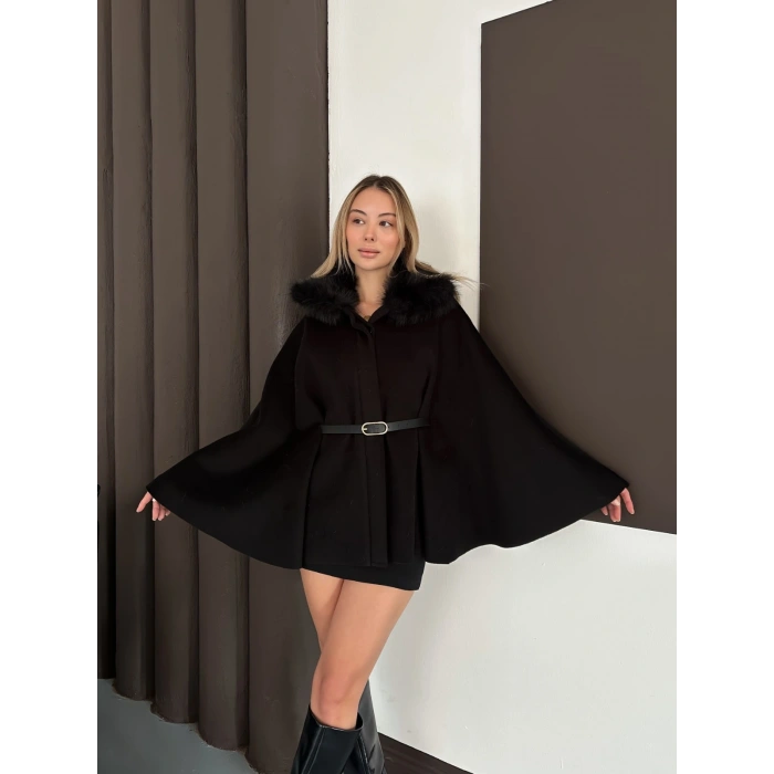 Yaka Peluş Kemerli Panço Siyah