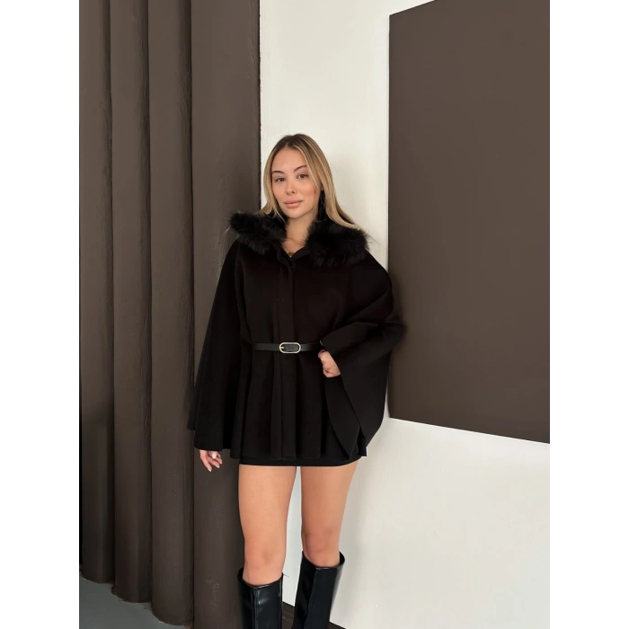 Yaka Peluş Kemerli Panço Siyah