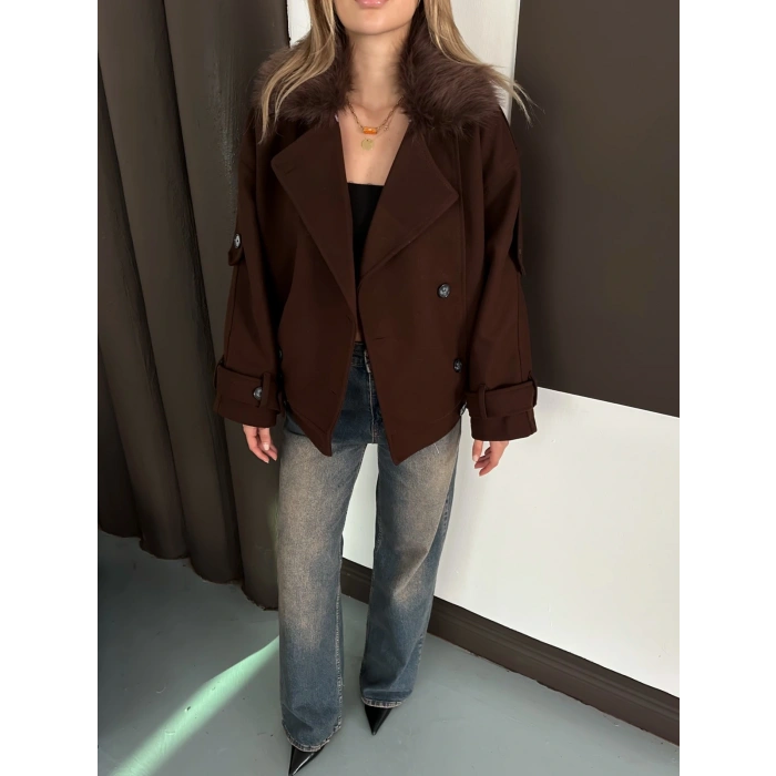 Yaka Peluş Omuz Manşet Kaşe Ceket Acı Kahve