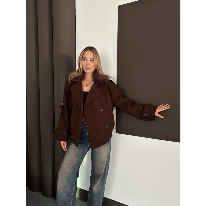 Yaka Peluş Omuz Manşet Kaşe Ceket Acı Kahve