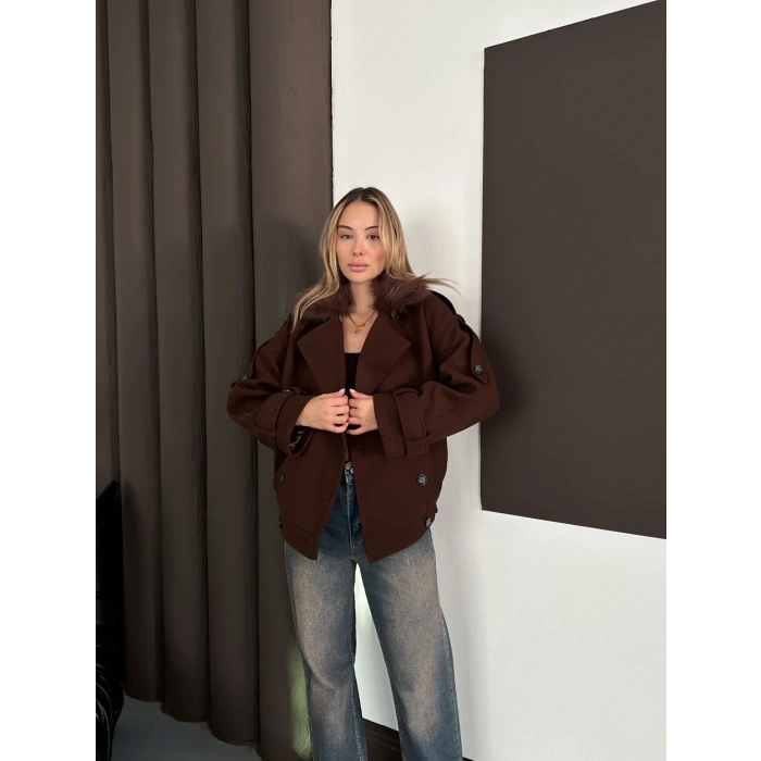 Yaka Peluş Omuz Manşet Kaşe Ceket Acı Kahve