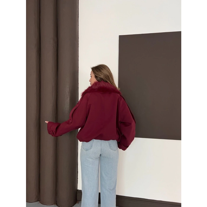 Yaka Peluşlu Bel Lastikli Tasarım Ceket Bordo