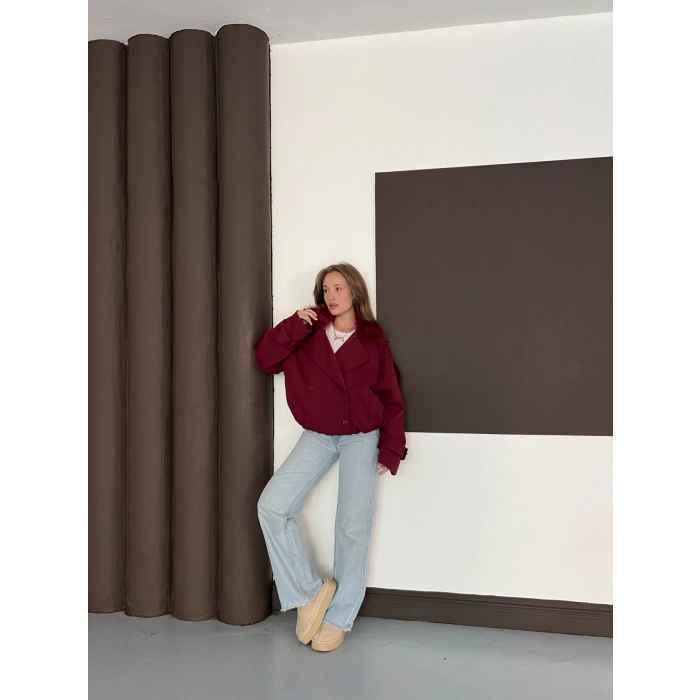 Yaka Peluşlu Bel Lastikli Tasarım Ceket Bordo