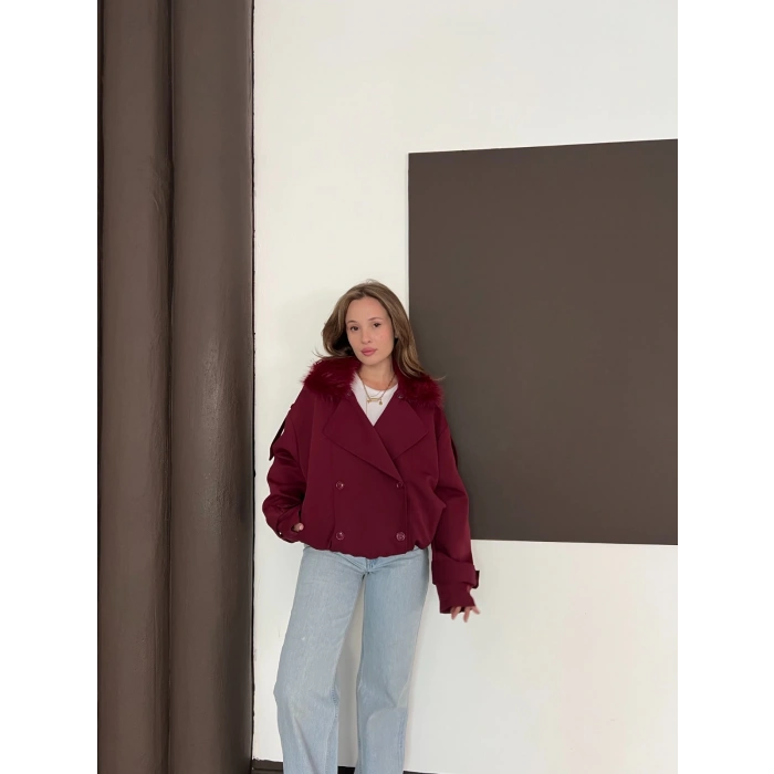 Yaka Peluşlu Bel Lastikli Tasarım Ceket Bordo