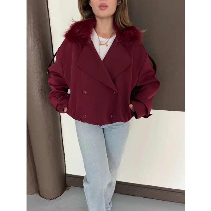 Yaka Peluşlu Bel Lastikli Tasarım Ceket Bordo