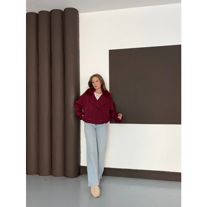 Yaka Peluşlu Bel Lastikli Tasarım Ceket Bordo
