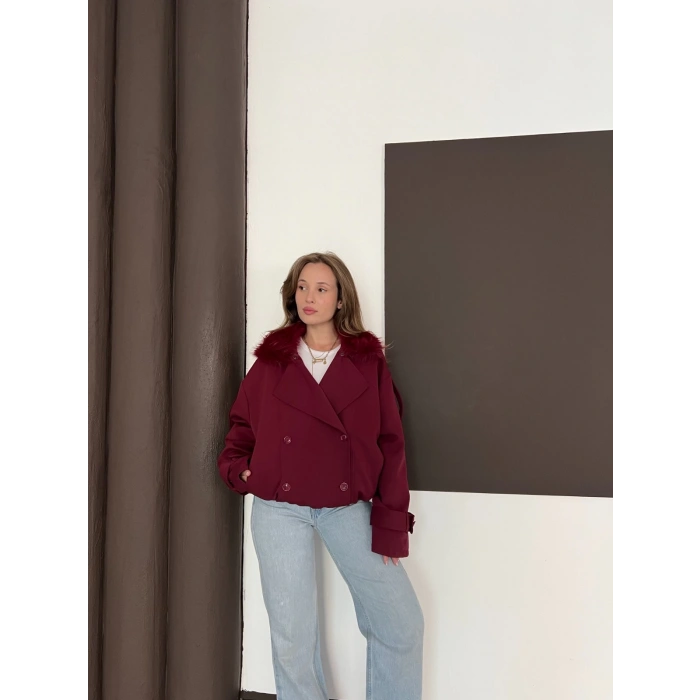Yaka Peluşlu Bel Lastikli Tasarım Ceket Bordo