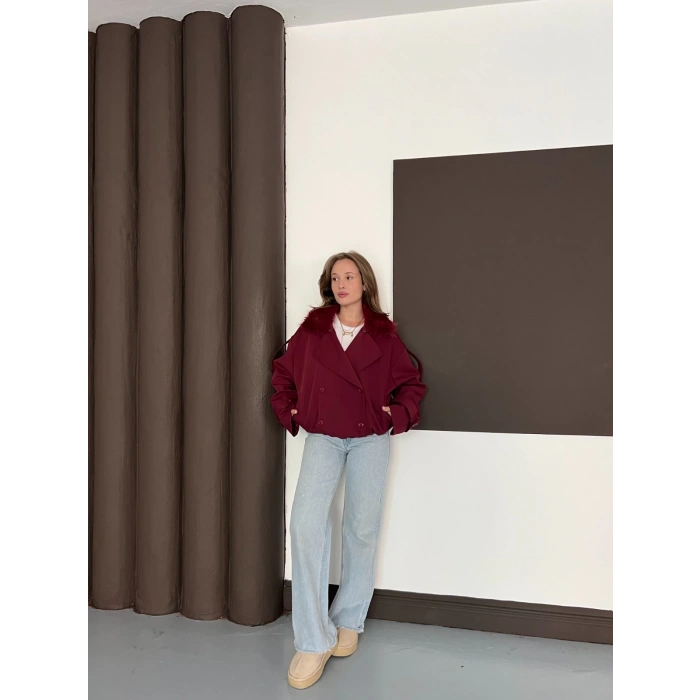 Yaka Peluşlu Bel Lastikli Tasarım Ceket Bordo