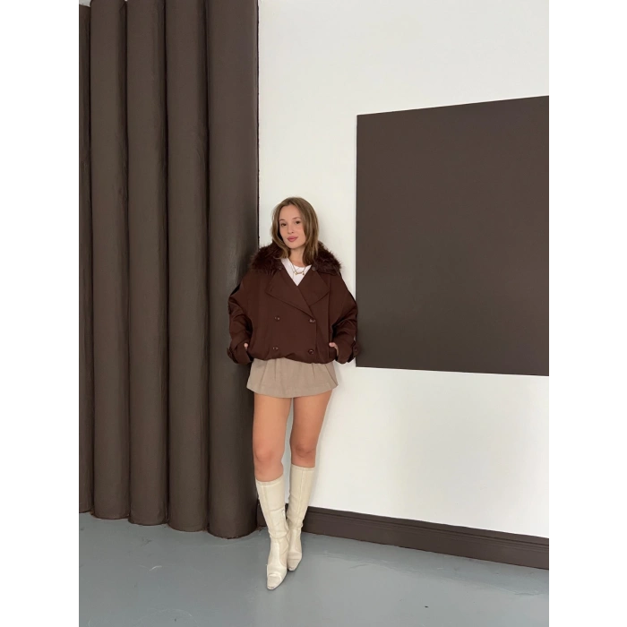 Yaka Peluşlu Bel Lastikli Tasarım Ceket Kahverengi