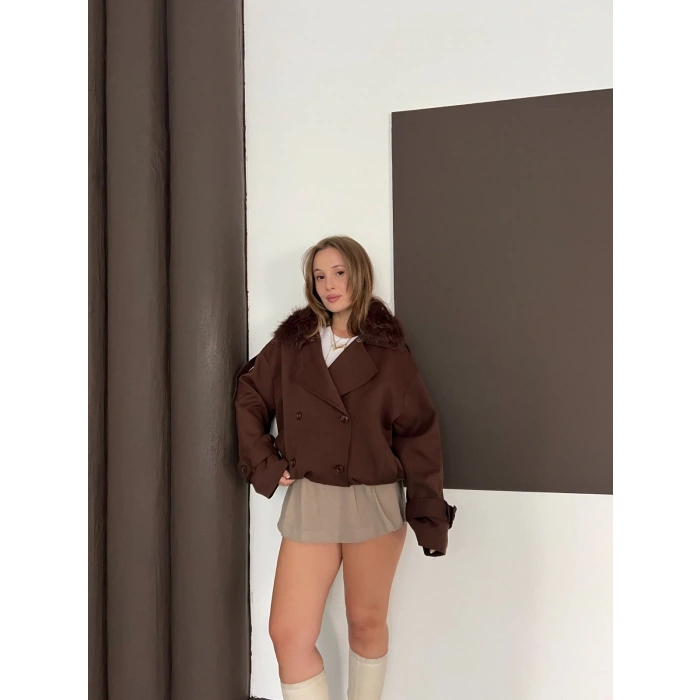 Yaka Peluşlu Bel Lastikli Tasarım Ceket Kahverengi