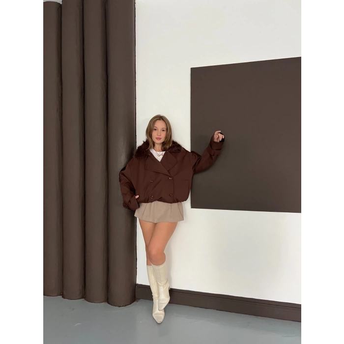 Yaka Peluşlu Bel Lastikli Tasarım Ceket Kahverengi