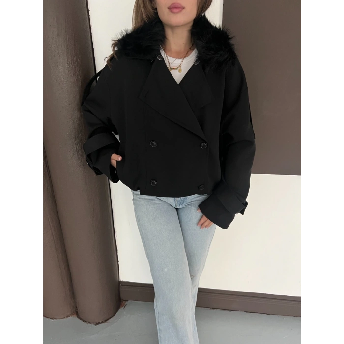 Yaka Peluşlu Bel Lastikli Tasarım Ceket Siyah