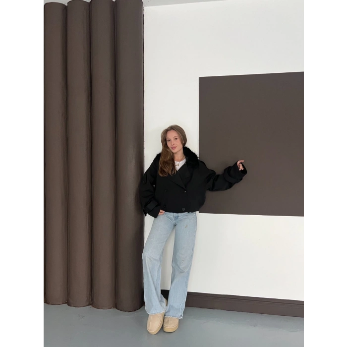 Yaka Peluşlu Bel Lastikli Tasarım Ceket Siyah