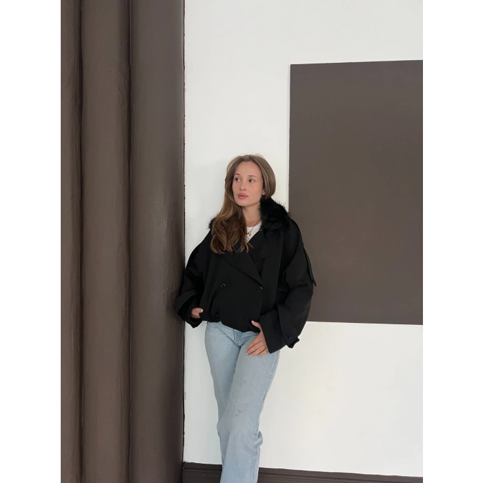 Yaka Peluşlu Bel Lastikli Tasarım Ceket Siyah