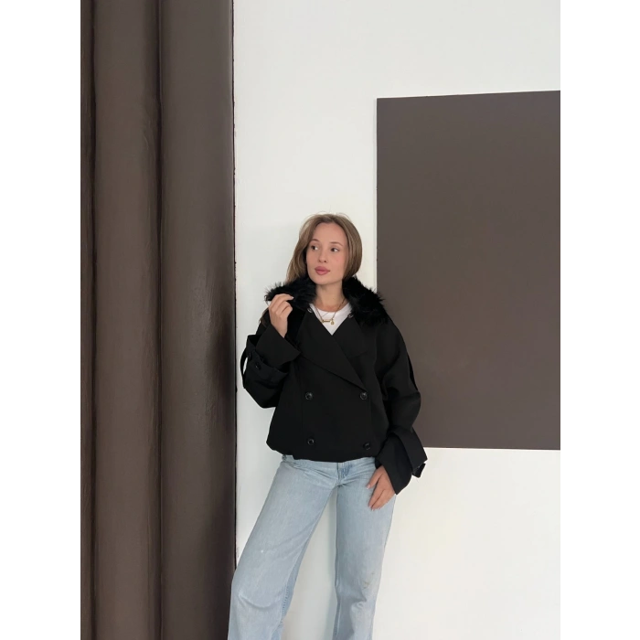 Yaka Peluşlu Bel Lastikli Tasarım Ceket Siyah