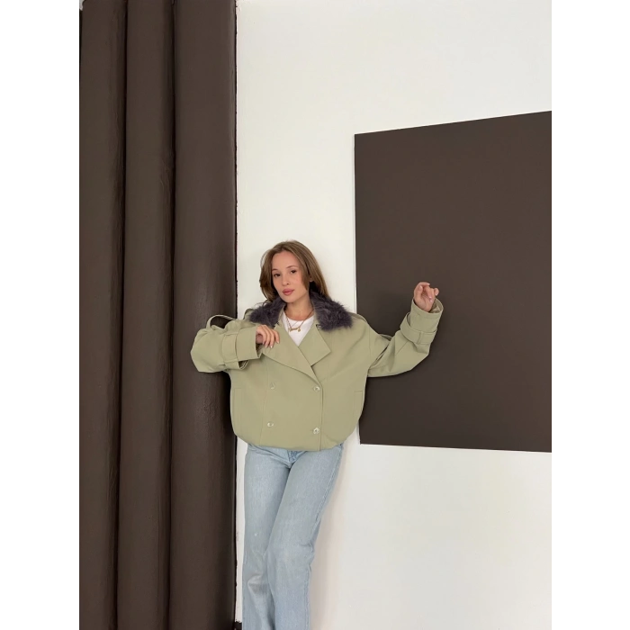 Yaka Peluşlu Bel Lastikli Tasarım Ceket Yeşil