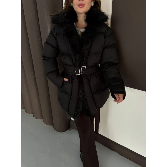 Yaka Peluşlu Kemer Detaylı Şişme Mont Siyah