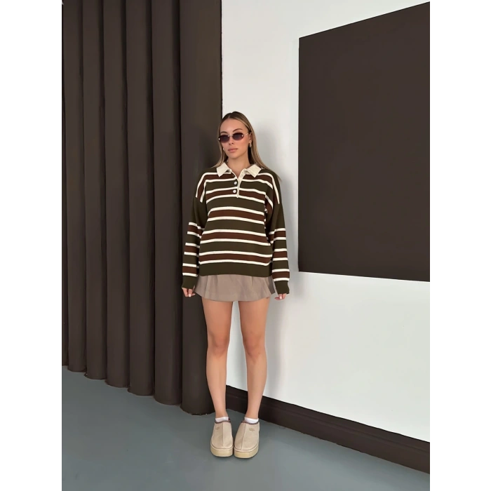 Yakalı Cizgi Desen Triko Kazak Haki